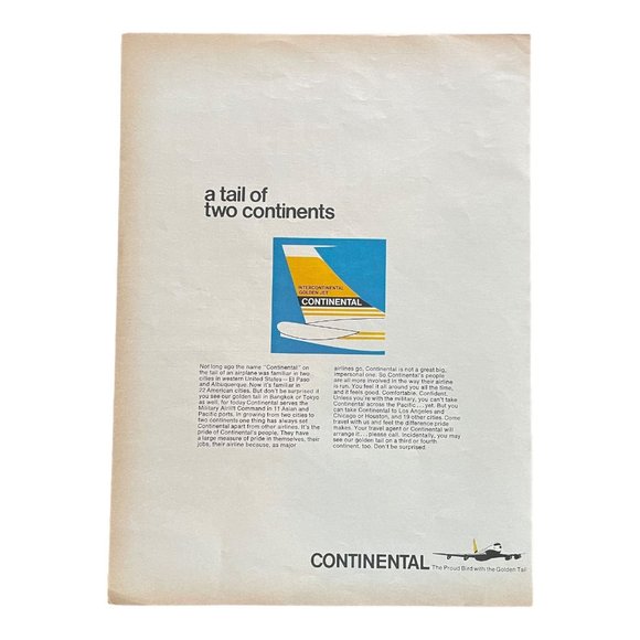 1966 Continental Airlines The Proud Bird With The Golden Tail Vintage Print Ad - Picture 1 of 1